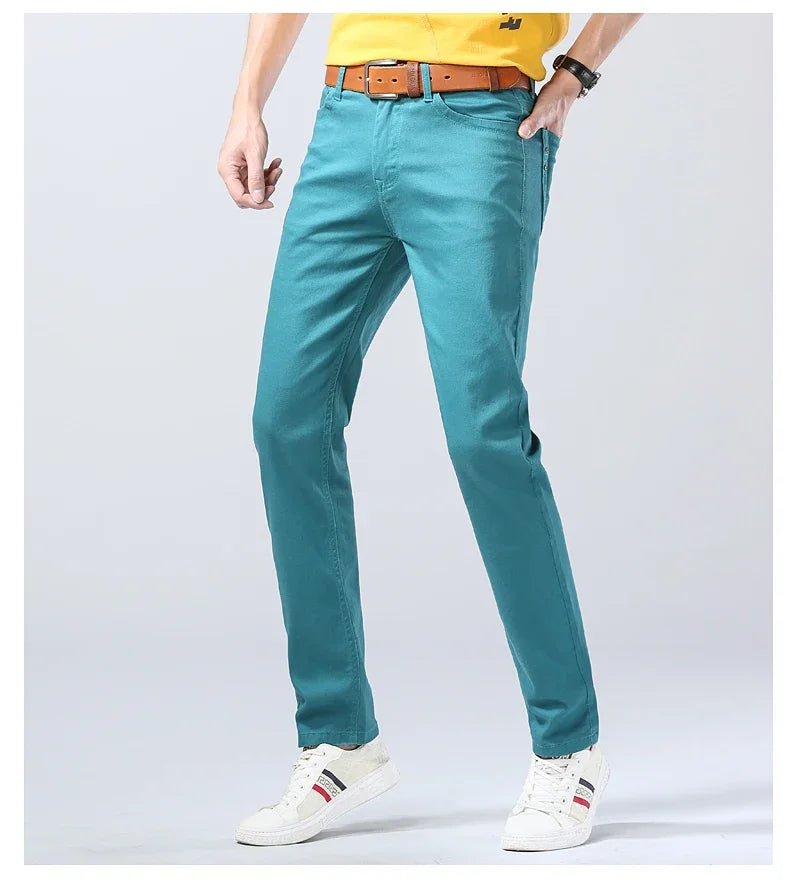 2024 Autumn New Men's Bright Stretch Fit Jeans Trendy Denim Straight-leg Trousers Male Red Lake Blue Yellow Trousers