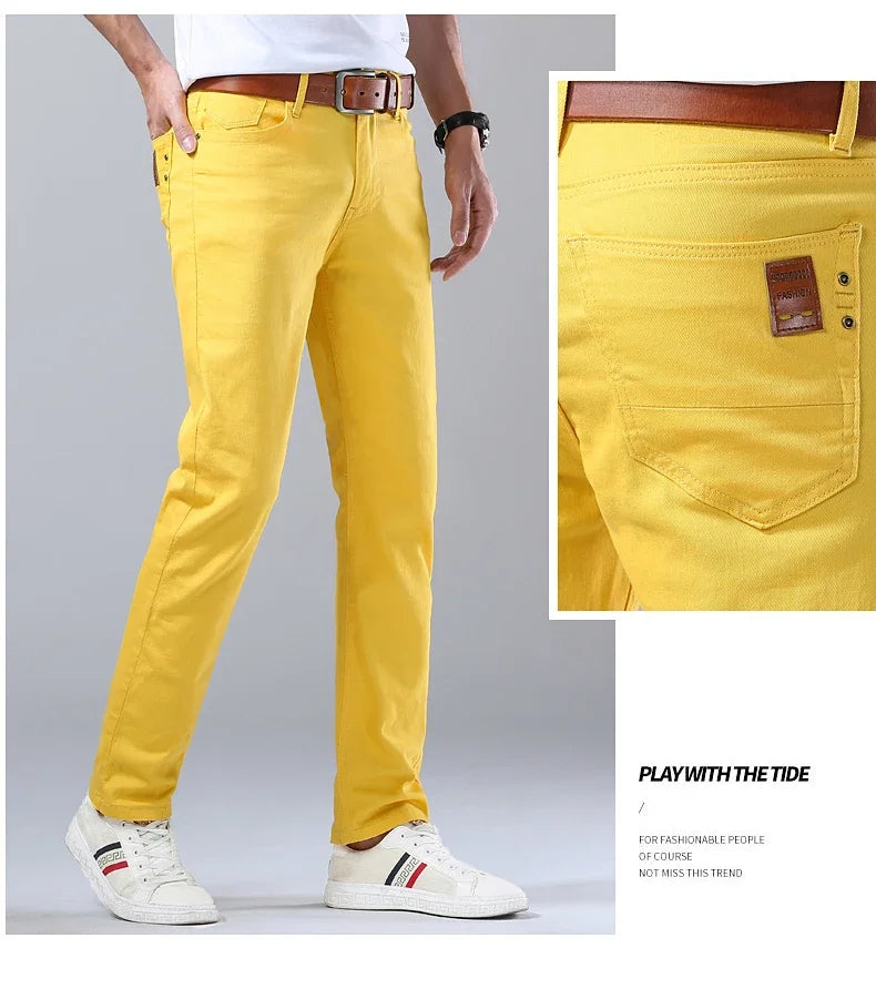 2024 Autumn New Men's Bright Stretch Fit Jeans Trendy Denim Straight-leg Trousers Male Red Lake Blue Yellow Trousers
