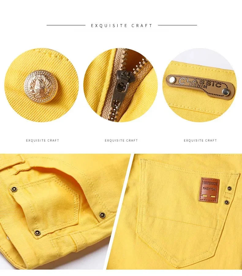 2024 Autumn New Men's Bright Stretch Fit Jeans Trendy Denim Straight-leg Trousers Male Red Lake Blue Yellow Trousers