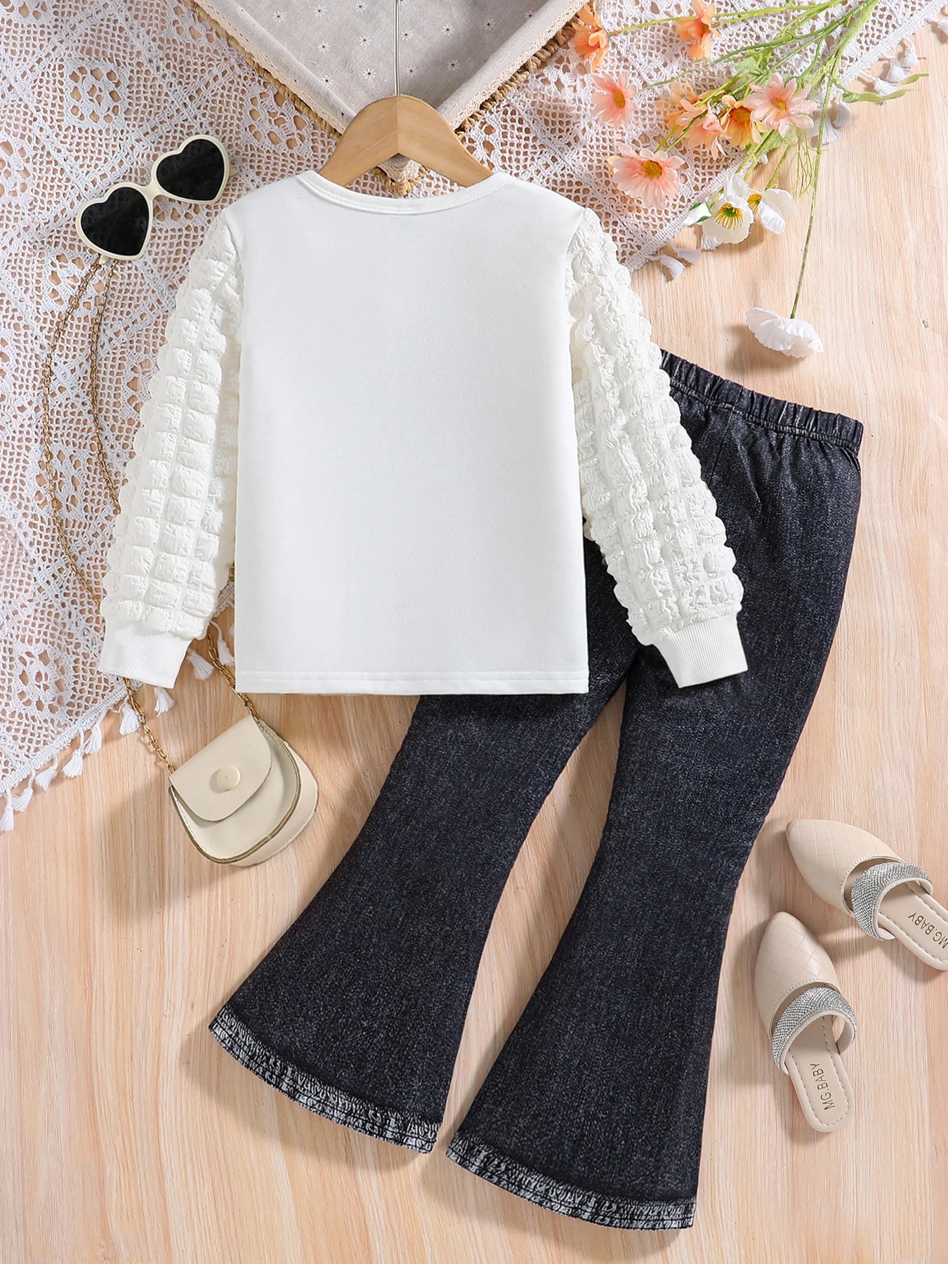 Spring and Autumn Girls' Fashion Set with White Round Neck Cartoon Printed Long Sleeve