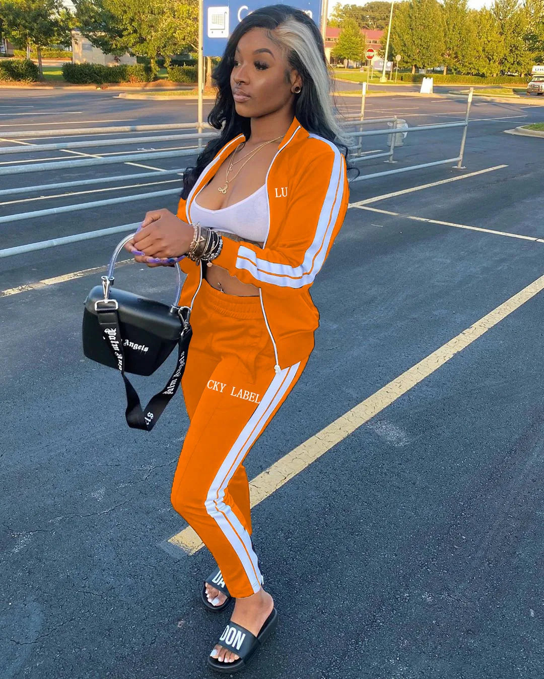 2024 European and American Women's Fashion Letter Embroidered Zipper Sports Two-piece Set