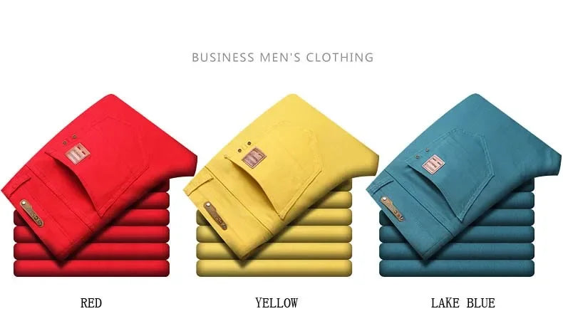 2024 Autumn New Men's Bright Stretch Fit Jeans Trendy Denim Straight-leg Trousers Male Red Lake Blue Yellow Trousers