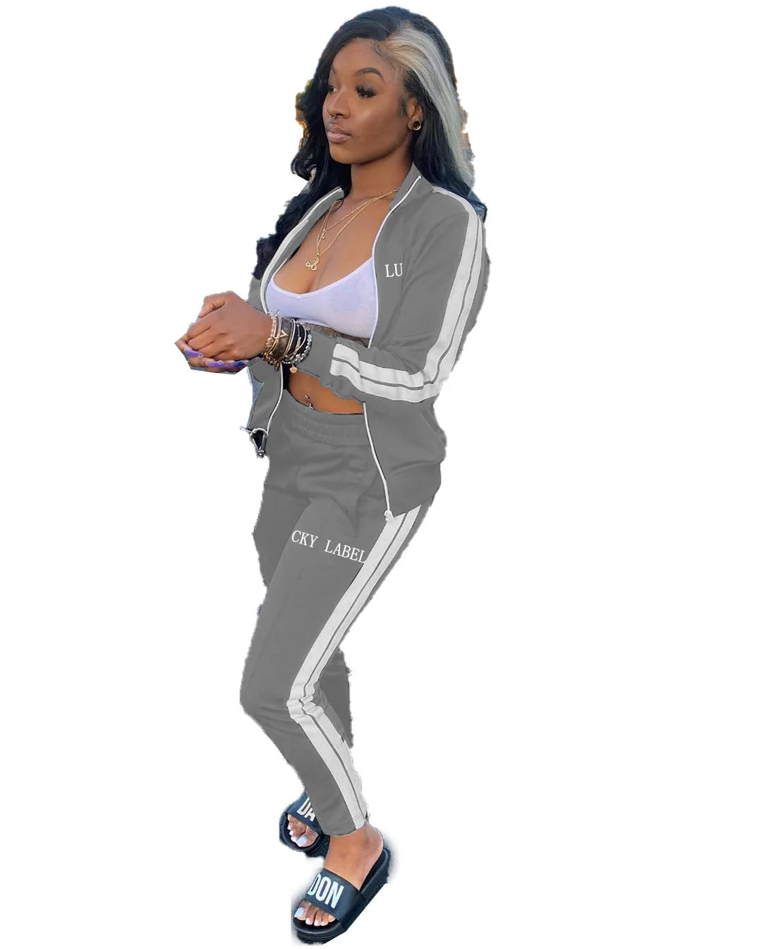 2024 European and American Women's Fashion Letter Embroidered Zipper Sports Two-piece Set