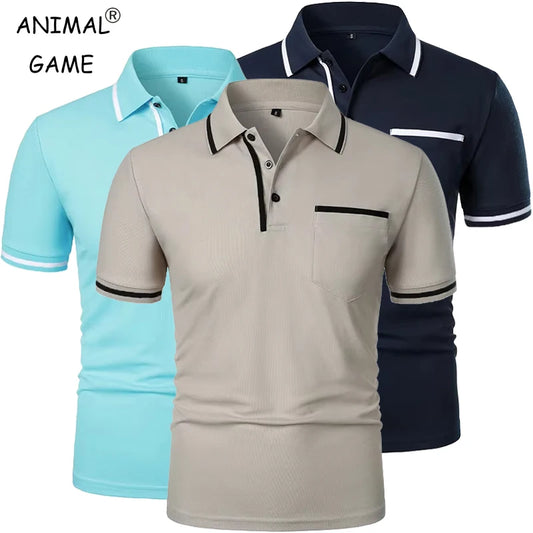 Summer Men's Short Sleeve Breathable Solid Color Lightweight Polo Shirt Basic Splice Top