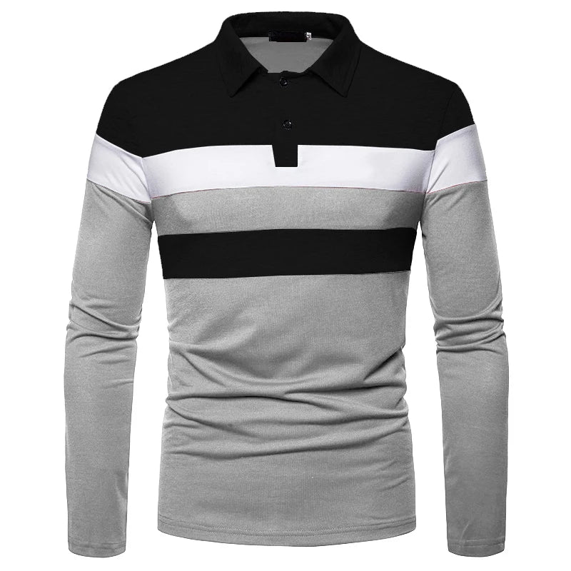 Fashion Men Long Sleeve Polo Shirt Splicing
