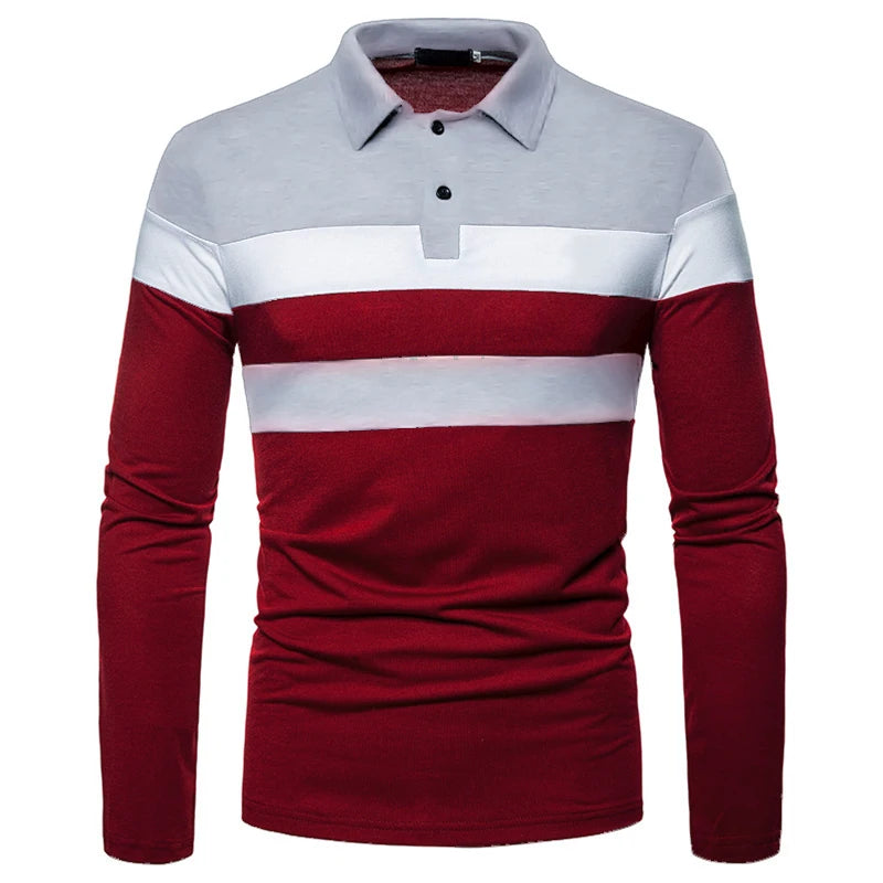 Fashion Men Long Sleeve Polo Shirt Splicing