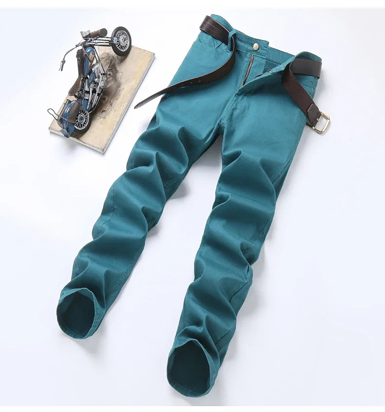 2024 Autumn New Men's Bright Stretch Fit Jeans Trendy Denim Straight-leg Trousers Male Red Lake Blue Yellow Trousers