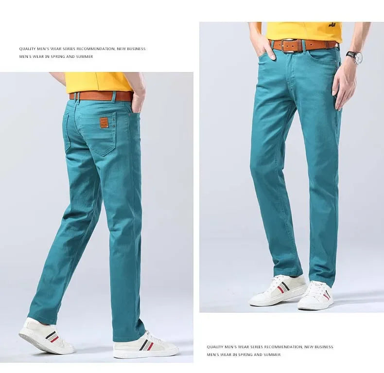 2024 Autumn New Men's Bright Stretch Fit Jeans Trendy Denim Straight-leg Trousers Male Red Lake Blue Yellow Trousers