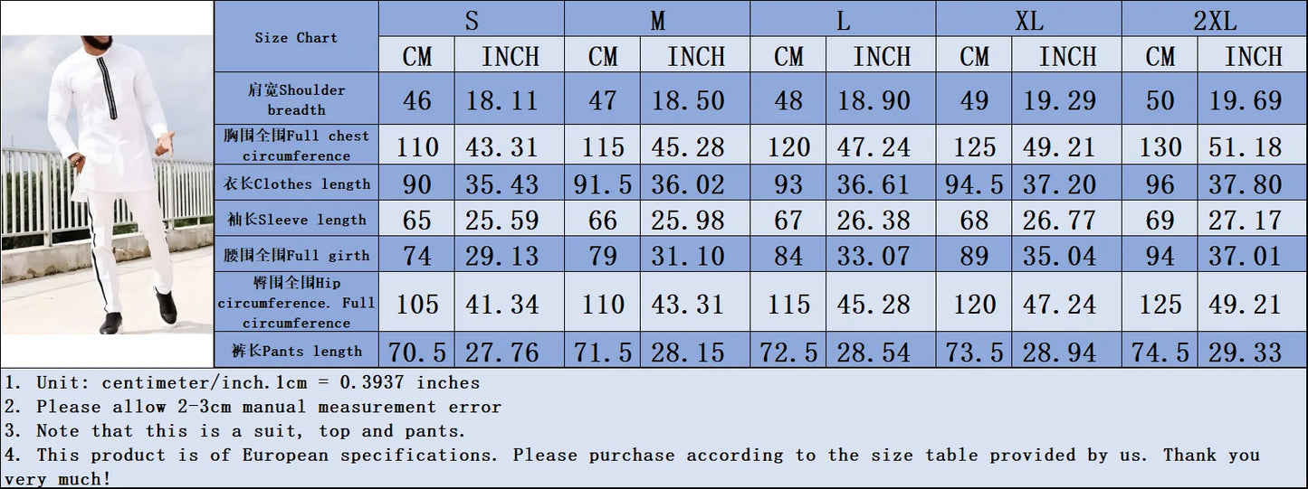 New Dashiki African ethnic men long sleeve T-shirt trousers suit S-2XL