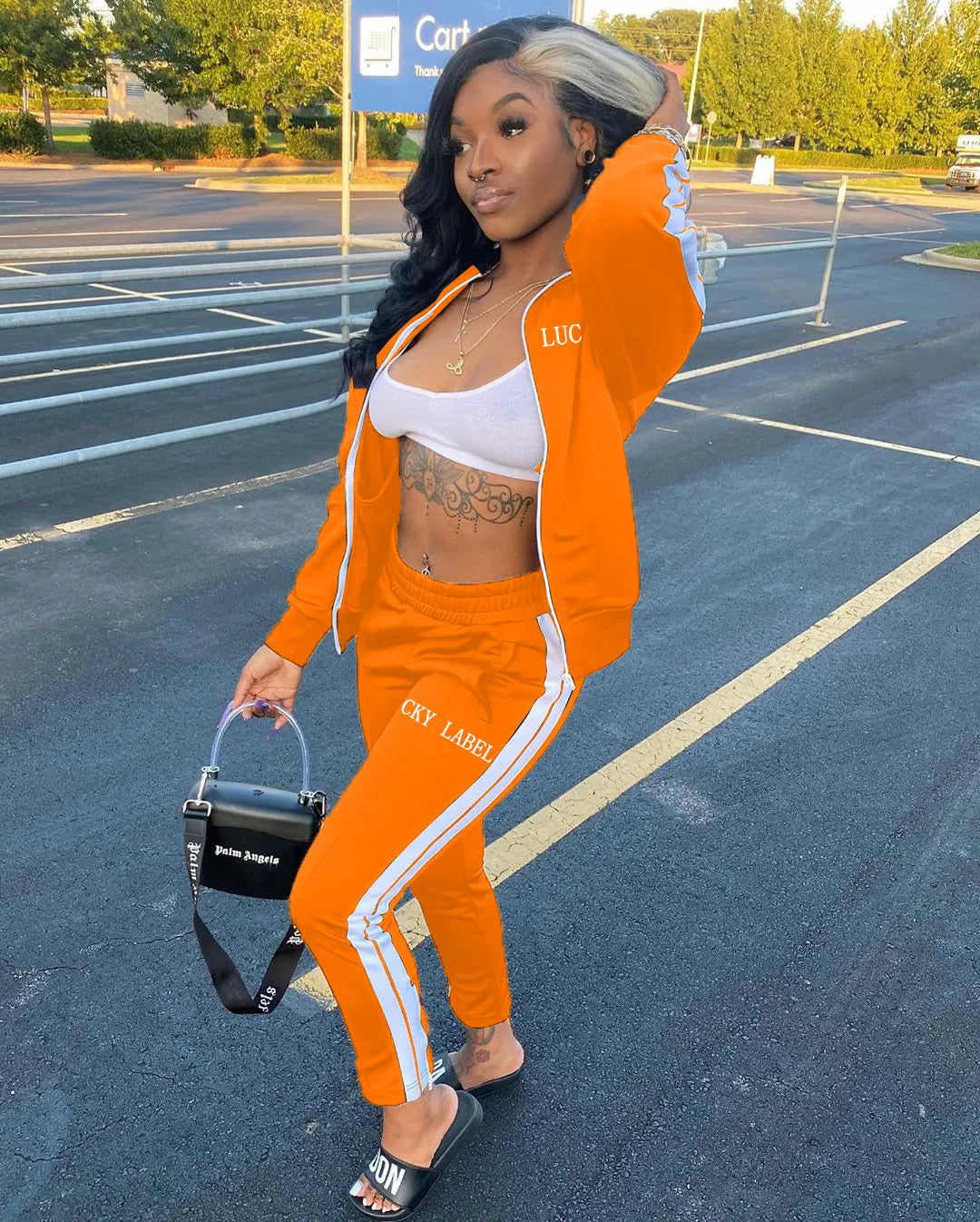 2024 European and American Women's Fashion Letter Embroidered Zipper Sports Two-piece Set