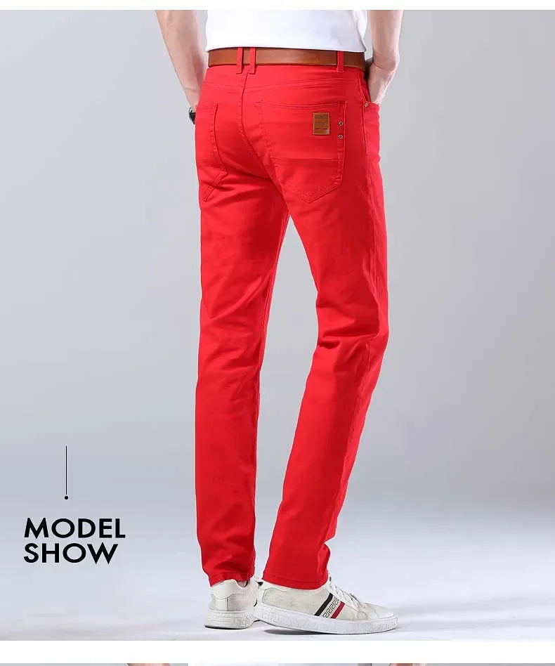 2024 Autumn New Men's Bright Stretch Fit Jeans Trendy Denim Straight-leg Trousers Male Red Lake Blue Yellow Trousers