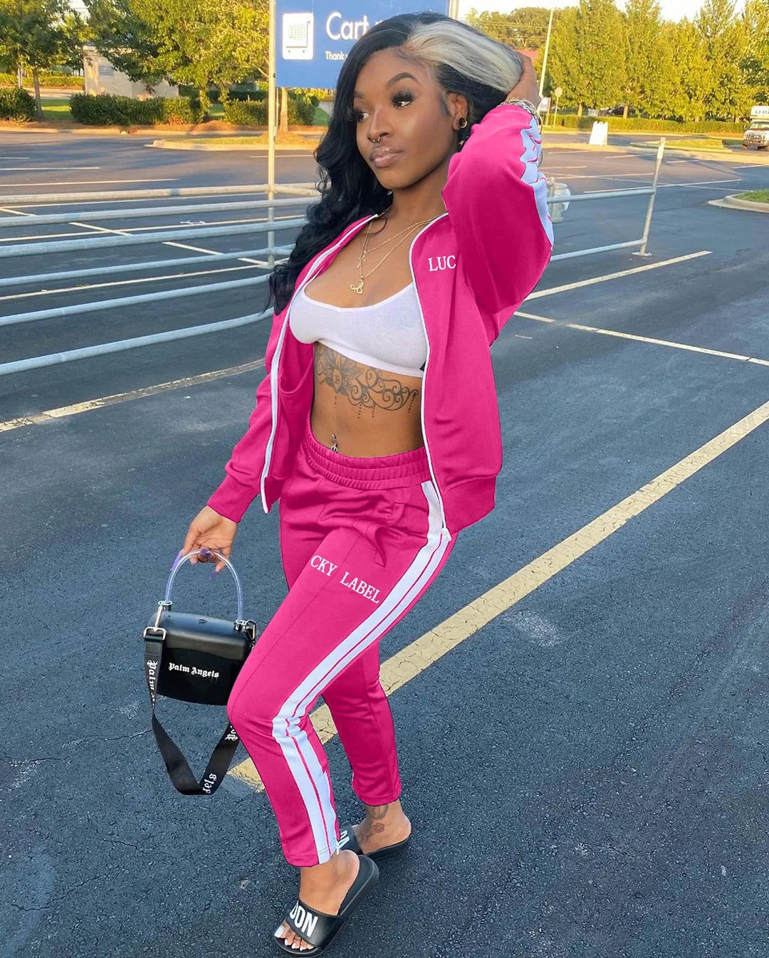 2024 European and American Women's Fashion Letter Embroidered Zipper Sports Two-piece Set