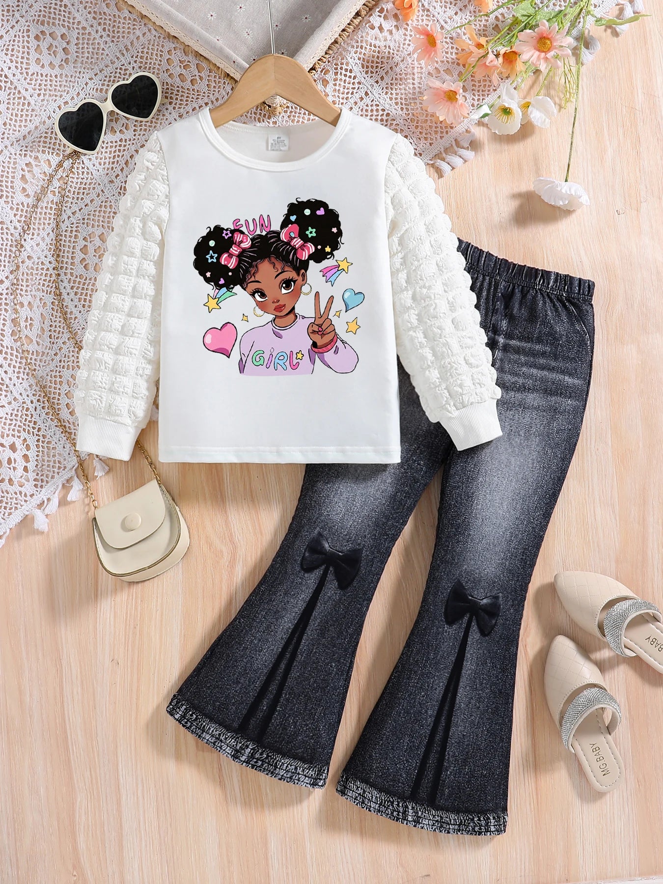 Spring and Autumn Girls' Fashion Set with White Round Neck Cartoon Printed Long Sleeve