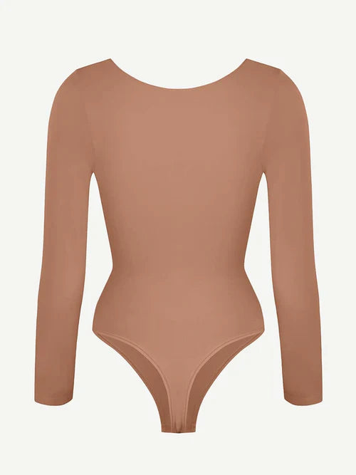 Seamless Long Sleeve Chest Support Tummy Control Thong Bodysuit